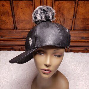 Vtg Y2K U.S. Polo Assn Black Faux Leather Cap Hat Pom Pom Adjustable Strap